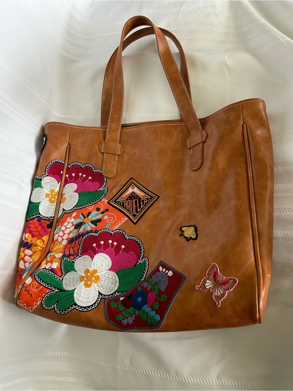 Plunder Tote Bag Camel Brown Faux Leather Multicolor Floral Bee Butterfly Patch - Picture 12 of 15